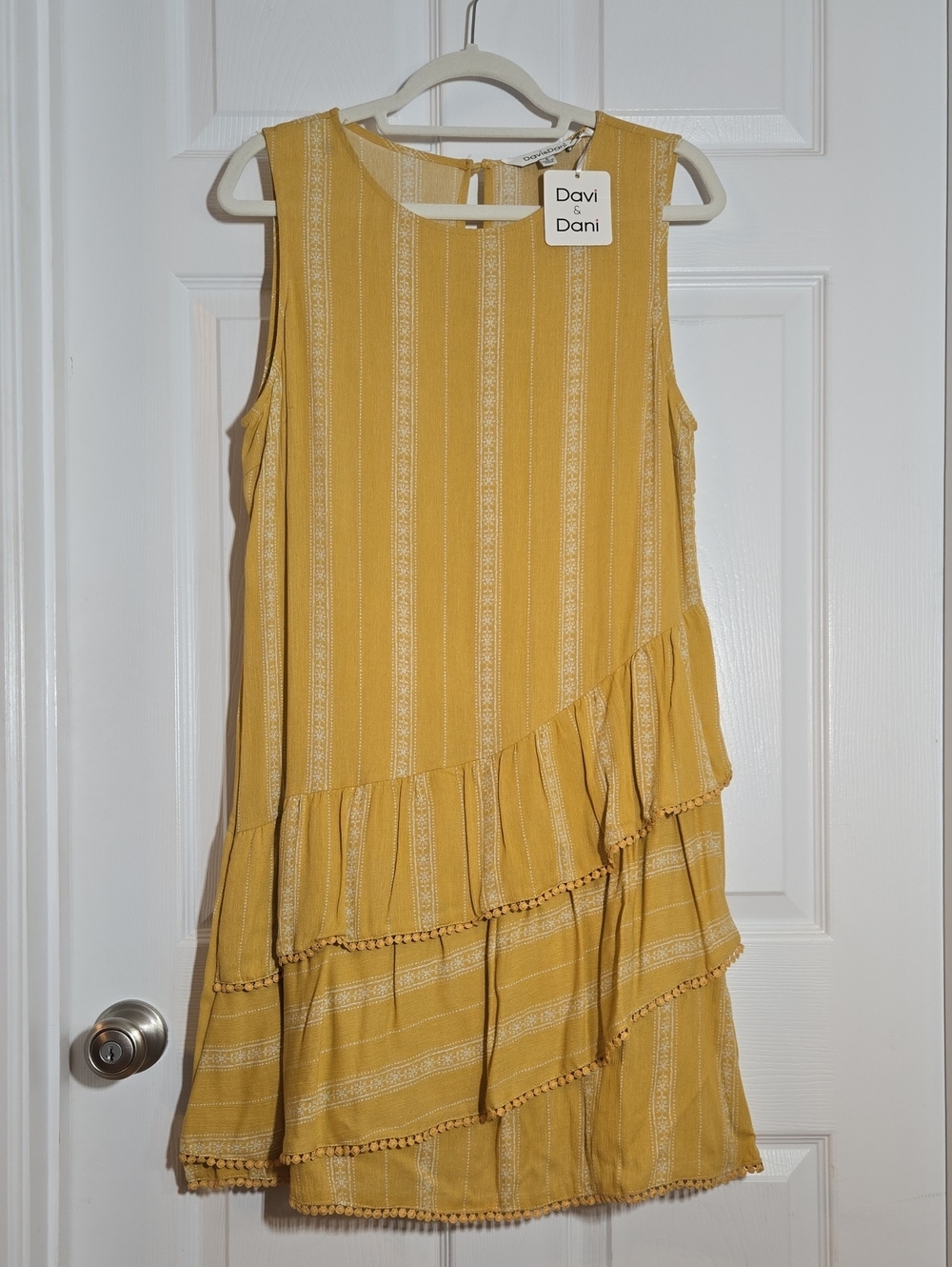 Davi & Dani Mustard Yellow Striped Asymetrical Ruffle Sleeveless Dress Small